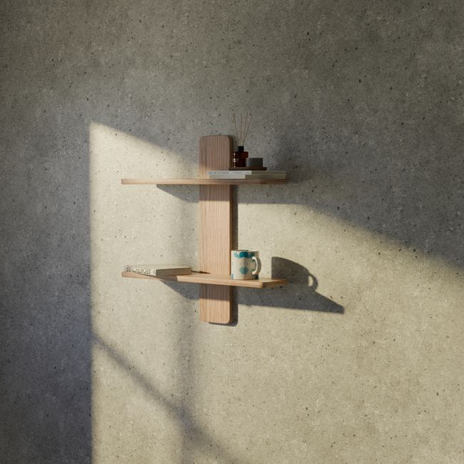 A simple timber shelving unit against a plain wall